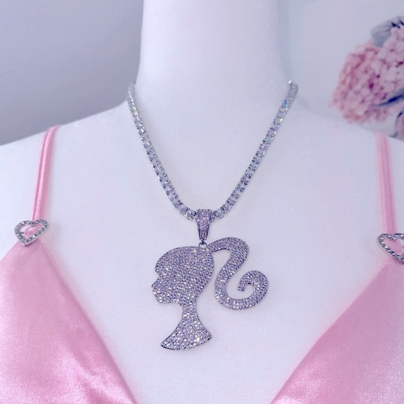 Iced Out Bling Barbie Girl Diamond Silver Tennis Chain - Picture 4 of 4